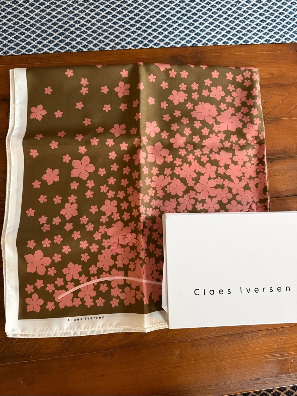Pink Floral Silk Scarf - Pink on Olive